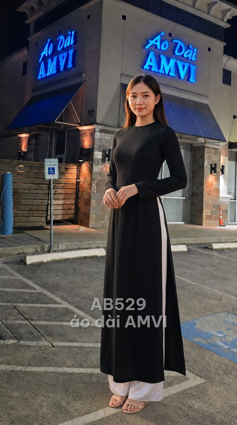 Áo dài lụa đen trơn cổ tròn tối giản thanh lịch hiện đại, mã AB529