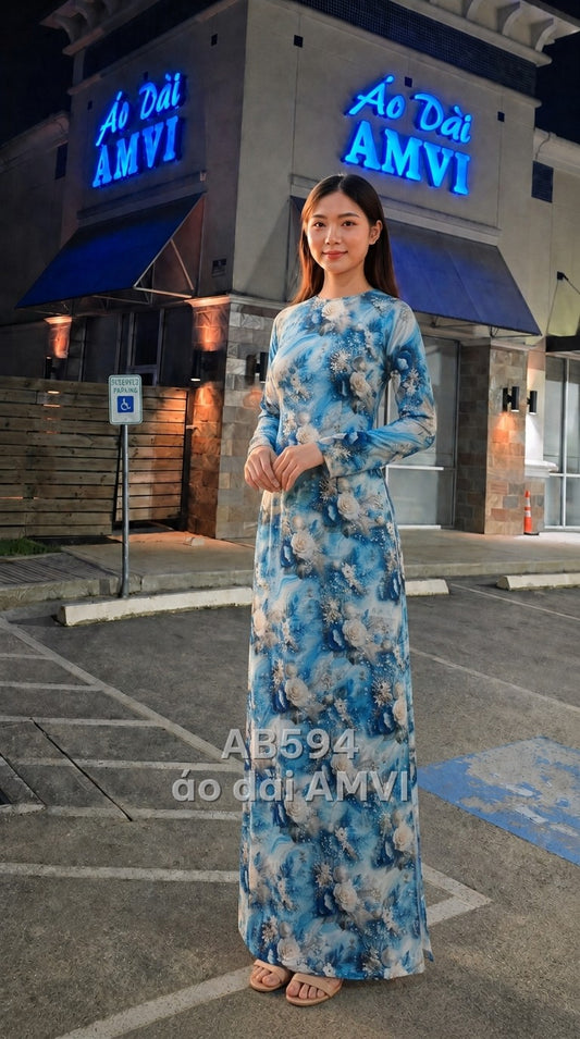 Áo dài vải in hoa hồng xanh dương họa tiết vân đá thanh lịch, mã AB594