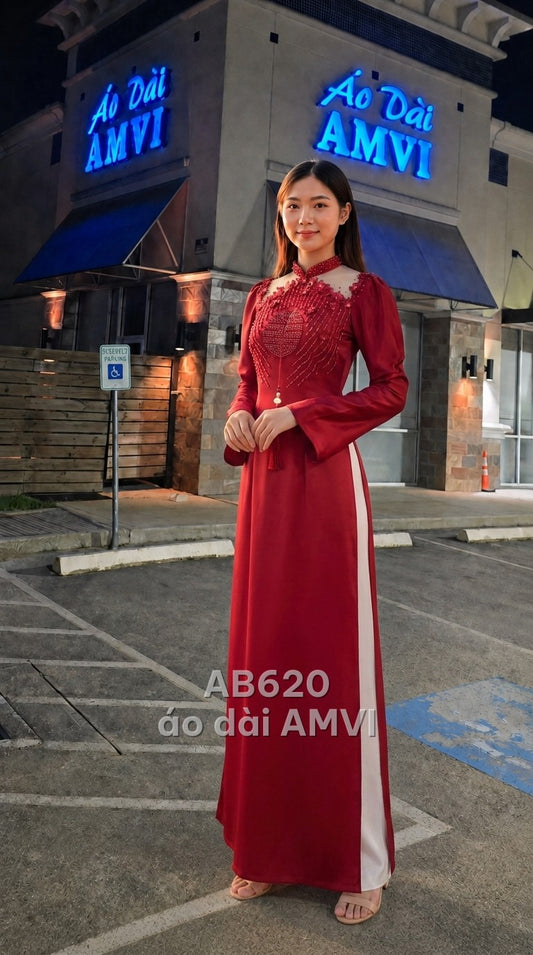 Áo dài cưới lụa đỏ thêu đính Song Hỷ cổ điển sang trọng cưới hỏi, mã AB620