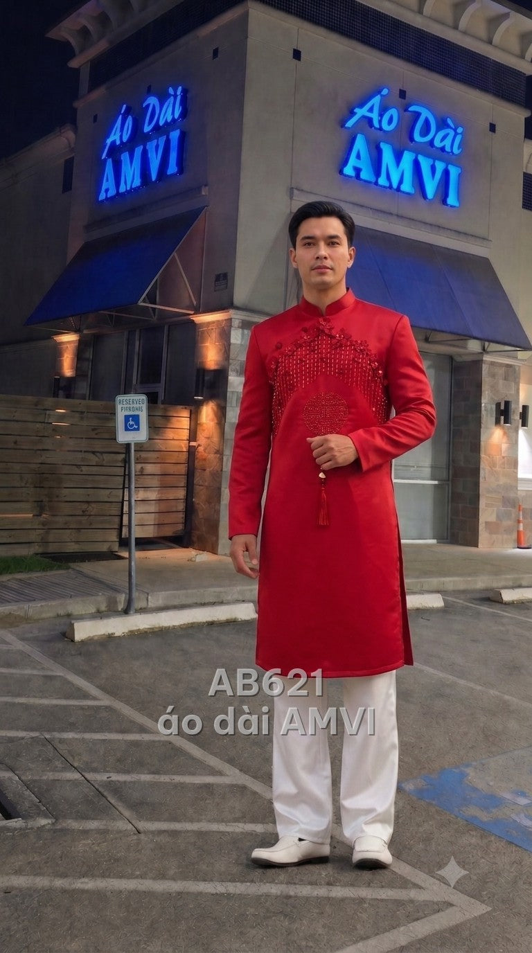 Áo dài cưới lụa đỏ đính kết Song Hỷ truyền thống cưới hỏi, mã AB621
