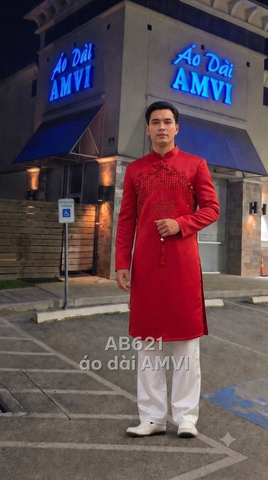 Áo dài cưới lụa đỏ đính kết Song Hỷ truyền thống cưới hỏi, mã AB621