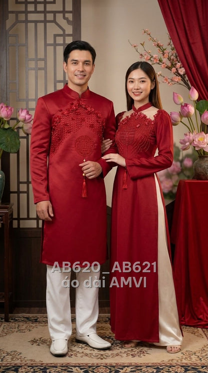 Áo dài cưới lụa đỏ đính kết Song Hỷ truyền thống cưới hỏi, ảnh chụp cặp đôi, mã AB621