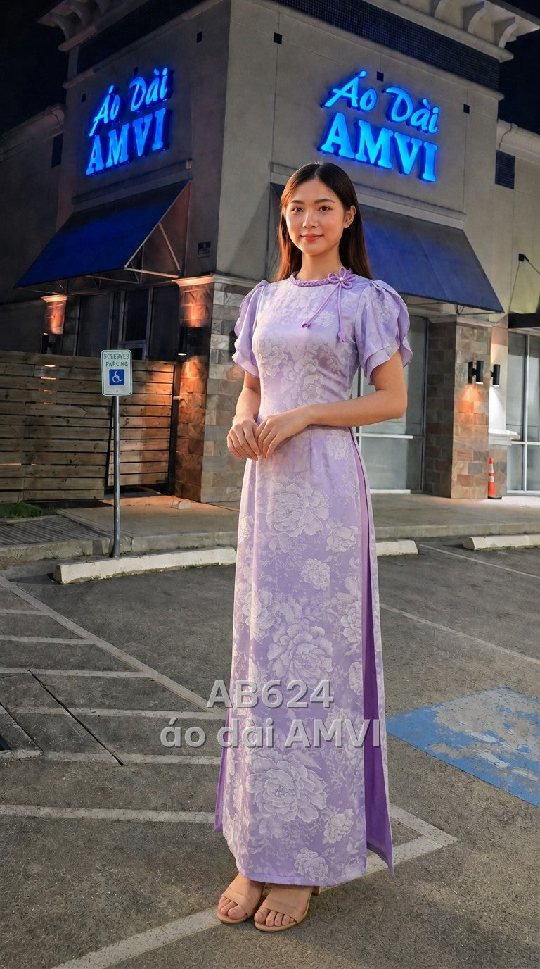 Áo dài lụa tím nhạt họa tiết hoa trắng tay phồng phụ dâu, mã AB624