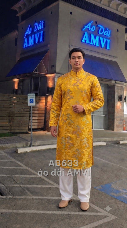Áo dài nam gấm vàng thêu rồng tinh xảo cho phụ rễ, mã AB633