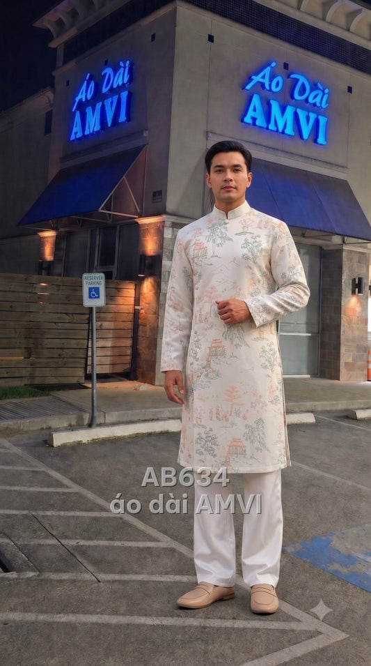 Áo dài nam trắng thêu phong cảnh á đông cho Nam phụ rễ, mã AB634