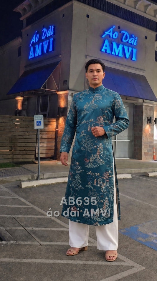 Áo dài nam lụa xanh thêu phong cảnh cổ điển dịp phụ rễ, mã AB635