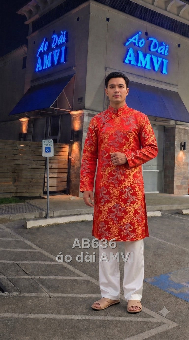Áo dài nam gấm đỏ dệt rồng vàng hoa lá truyền thống Nam, mã AB636