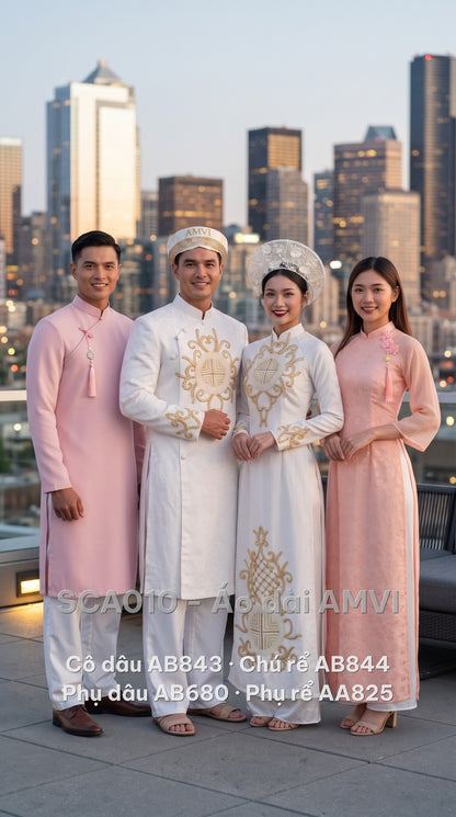 Trọn bộ áo dài cưới cô dâu, chú rể, phụ dâu, phụ rể — phụ dâu mặc mã AB680