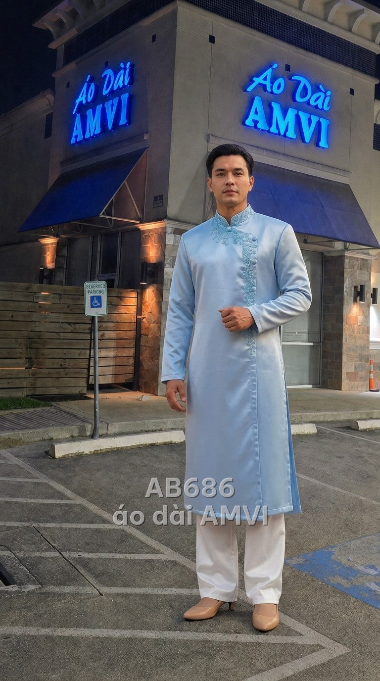 Áo dài cưới phi bóng xanh thanh lịch thêu hoa văn cổ trụ đính cườm, mã AB686
