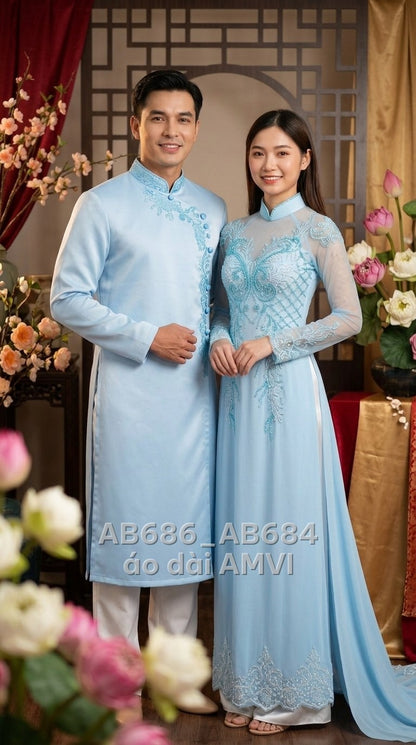 Áo dài cưới phi bóng xanh thanh lịch thêu hoa văn cổ trụ đính cườm, ảnh chụp cặp đôi, mã AB686