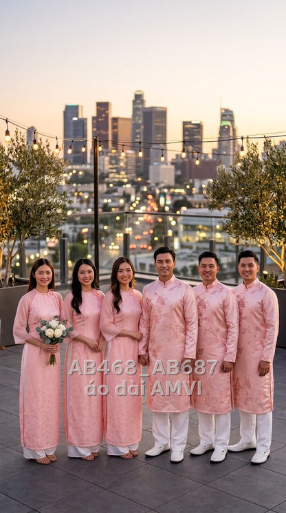 Áo dài lụa hồng cách tân thắt bím hoa chìm tay lửng, ảnh chụp cặp đôi, mã AB687