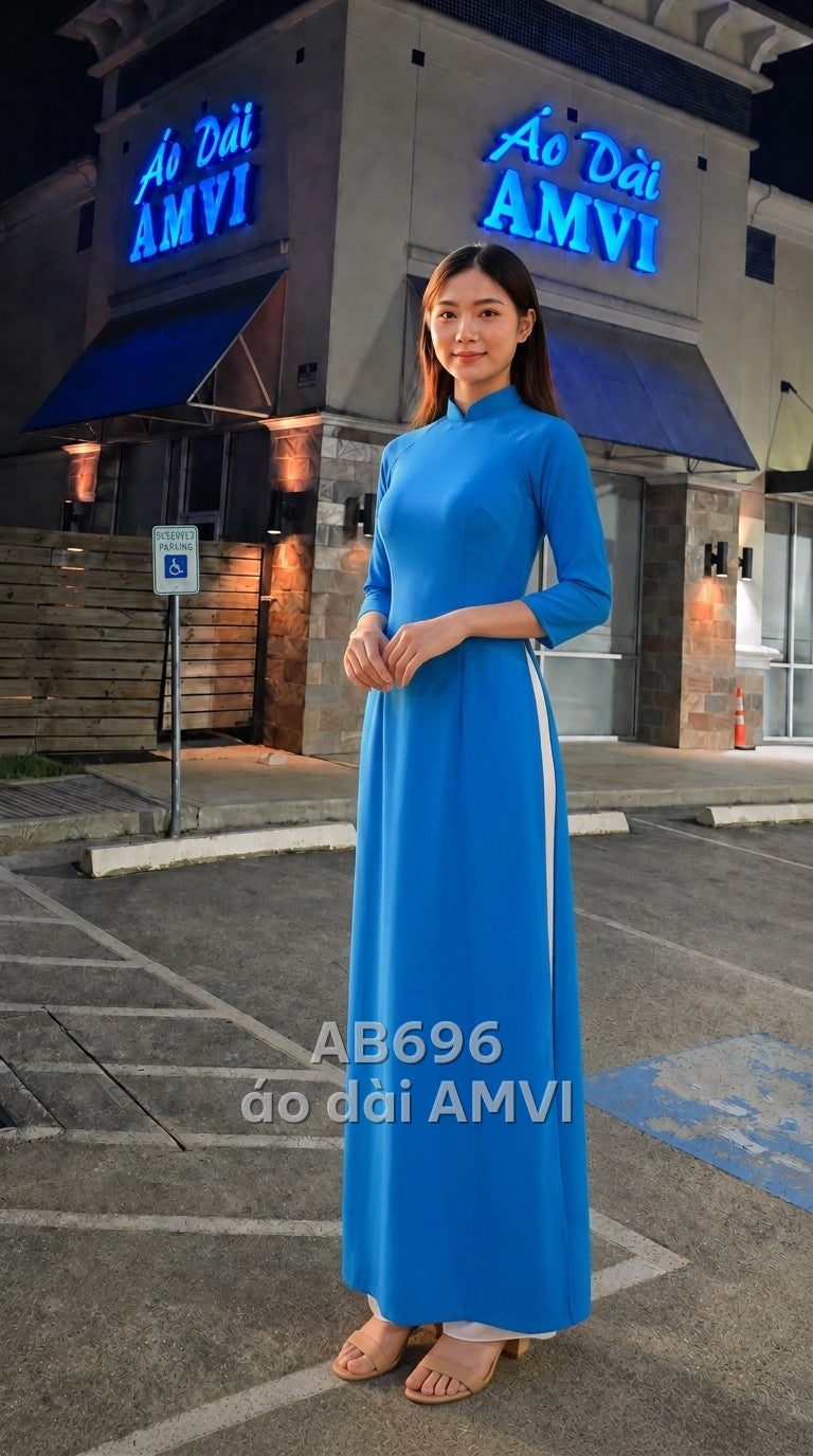 Áo dài xanh dương trơn cổ trụ thanh lịch tay lửng, mã AB696