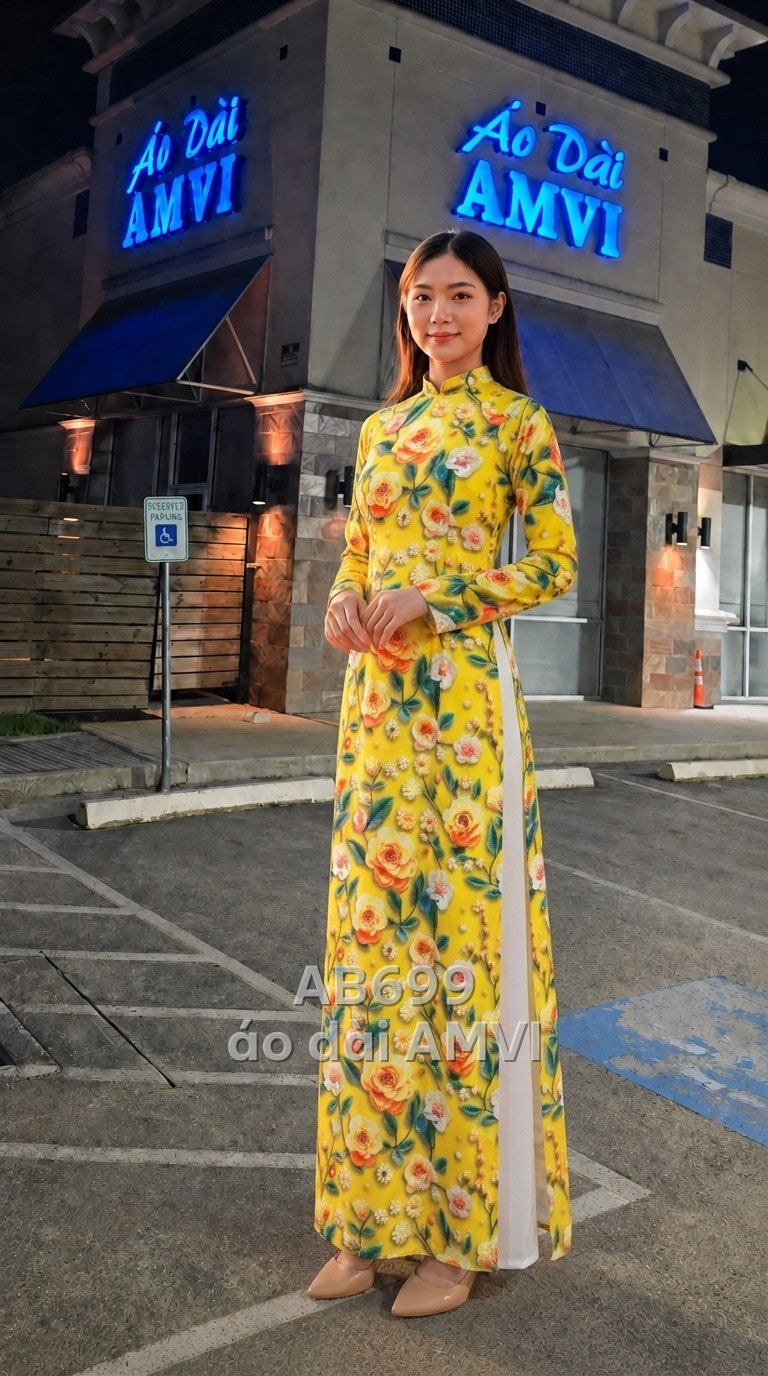 Áo dài vải lụa in hoa nổi bật sắc vàng rực rỡ, mã AB699