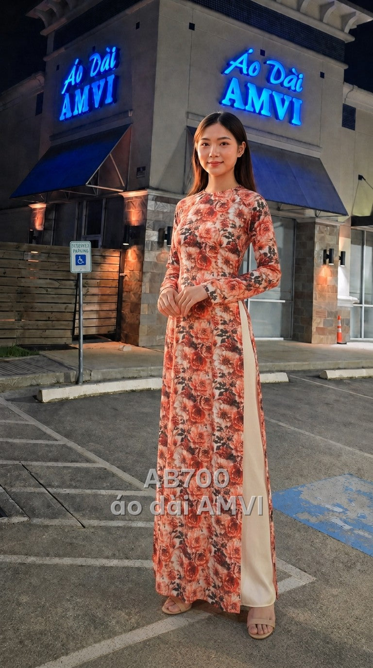 Áo dài kem in hoa hồng cổ tròn tay dài sang trọng, mã AB700