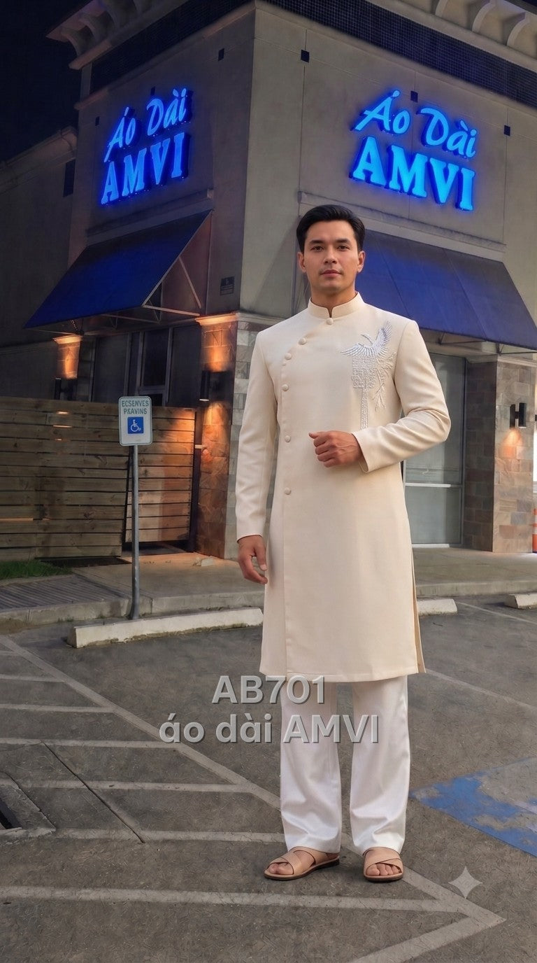 Áo dài cưới nam lụa kem thêu đính tinh xảo cho chú rể lễ cưới, mã AB701
