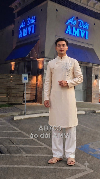 Áo dài cưới nam vải kem đính kết hoa lấp lánh sang trọng cổ điển cưới, mã AB703