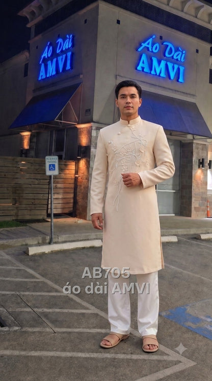 Áo dài cưới nam lụa kem thêu đính họa tiết sang trọng cho Nam cưới, mã AB705