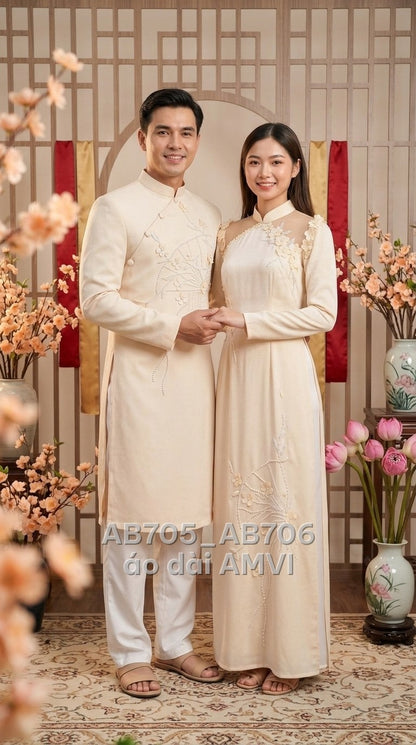 Áo dài cưới kem đính kết hoa 3D ngọc trai thanh lịch dự tiệc, ảnh chụp cặp đôi, mã AB706