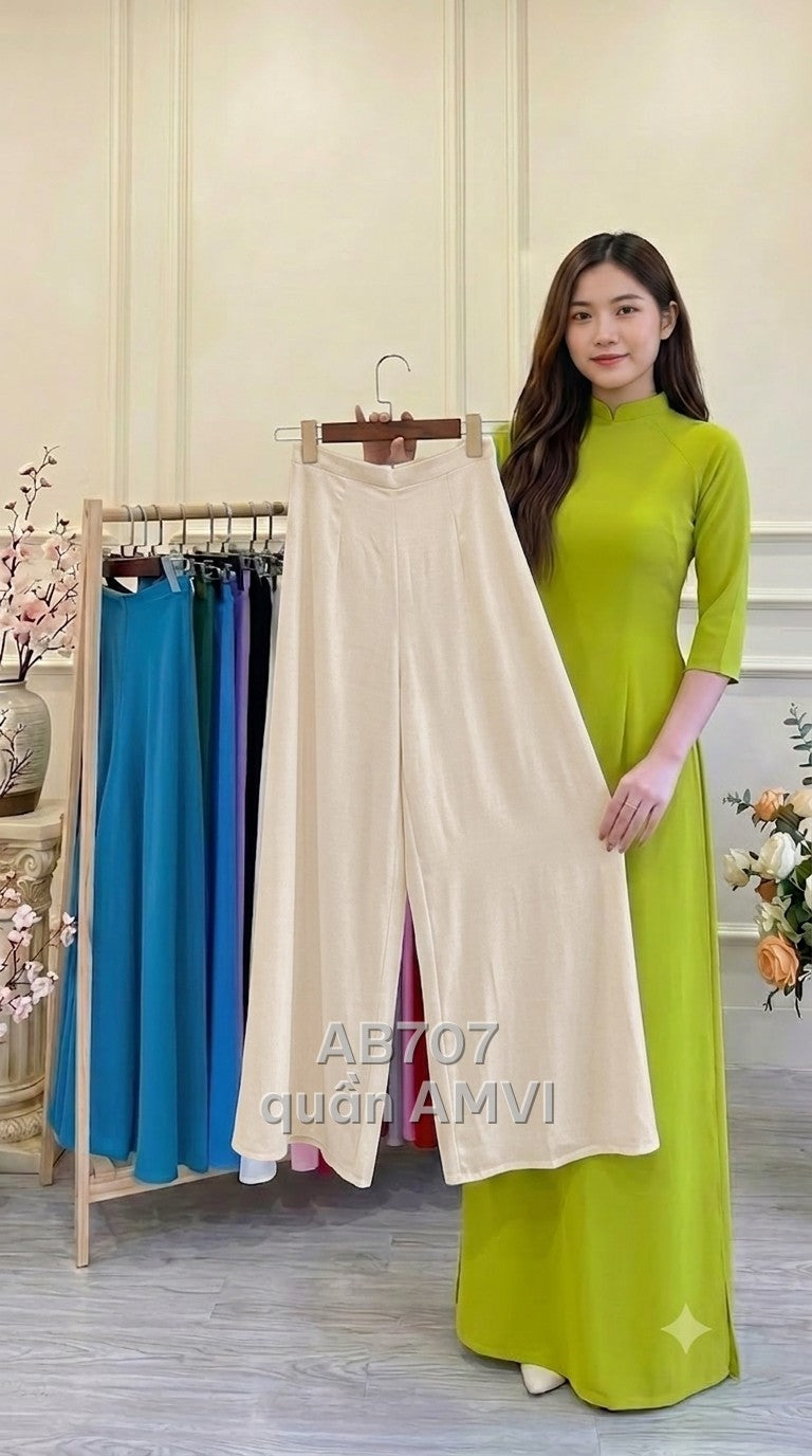 Quần lụa mặc với áo dài kem thêu hoa lá tinh xảo dự tiệc cưới, mã AB707