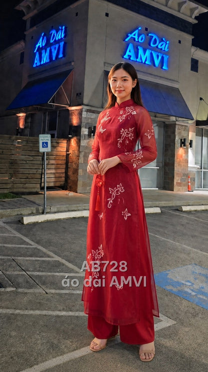 Áo dài voan organza đỏ cách tân thêu hoa bướm thanh lịch dài tà, mã AB728