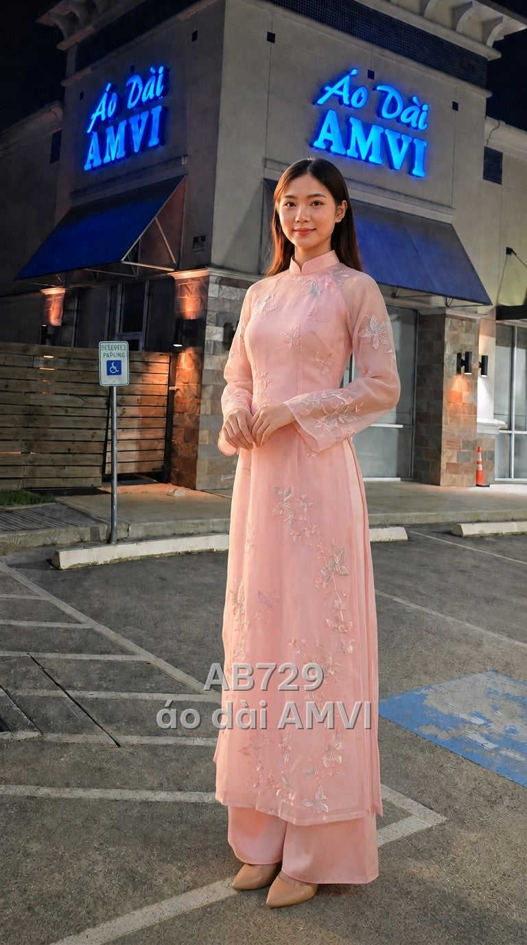 Áo dài voan organza hồng thêu hoa bướm cách tân phụ dâu, mã AB729