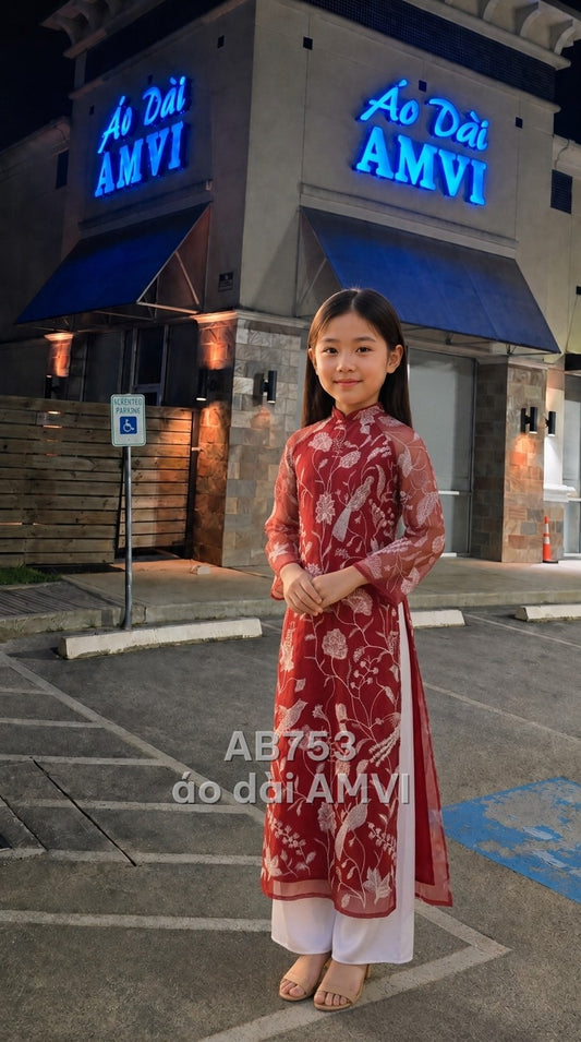 Áo dài trẻ em ren đỏ thêu hoa chim cổ tròn duyên dáng bé gái, mã AB753