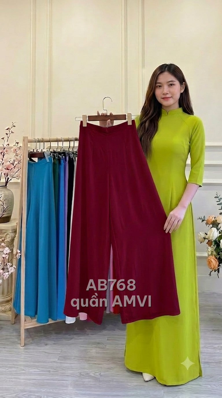 Quần lụa mặc với áo dài vải mềm đỏ đô ống rộng cạp cao thanh lịch, mã AB768