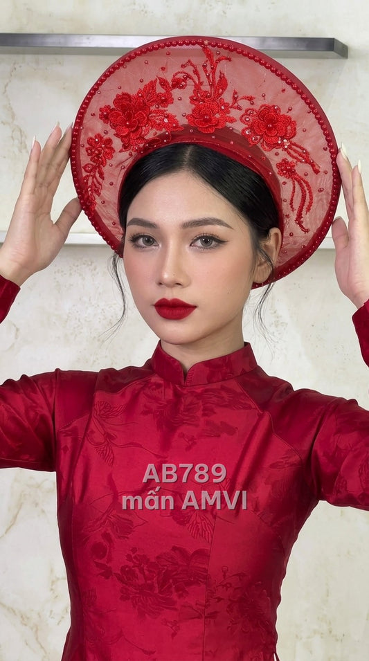 Mấn đội đầu lưới đỏ thêu hoa đính cườm cầu kỳ duyên dáng, mã AB789