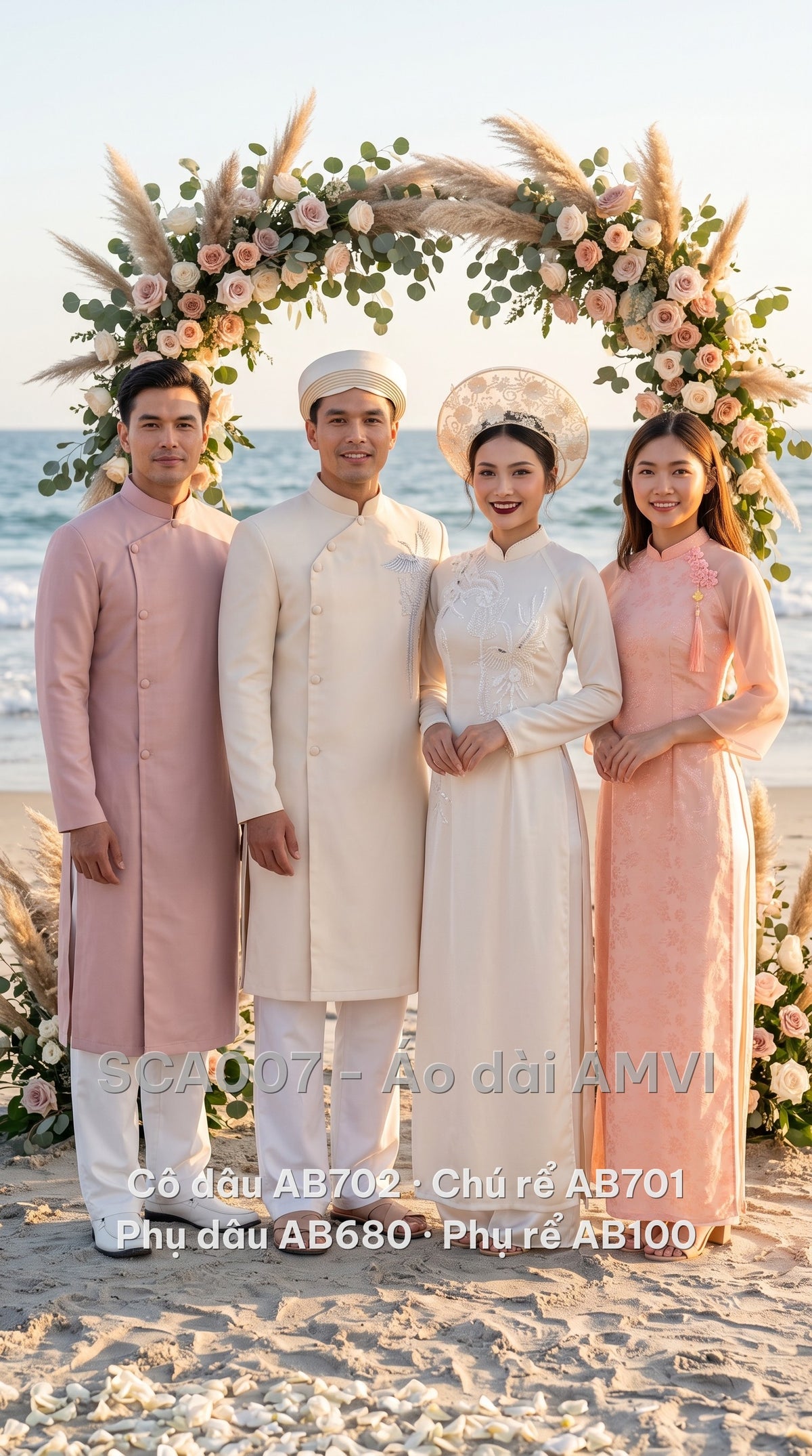 Trọn bộ áo dài cưới cô dâu, chú rể, phụ dâu, phụ rể — mấn cô dâu mã AB790