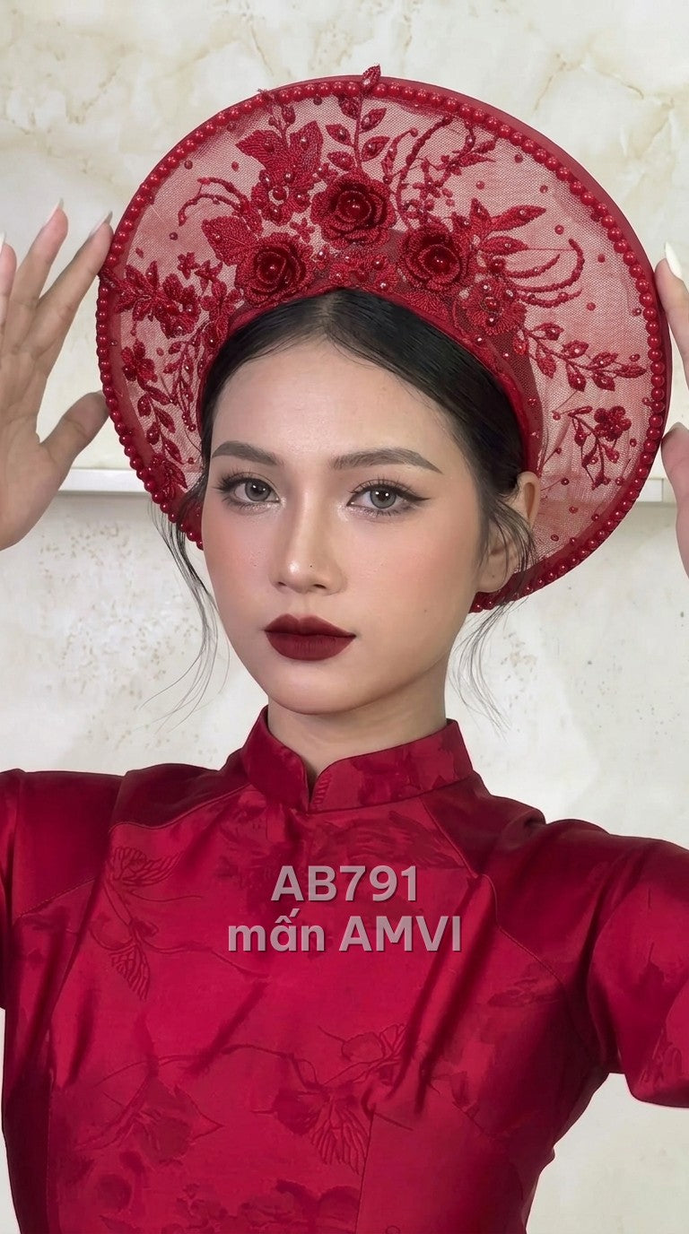 Mấn đội đầu ren đỏ thêu hoa 3D đính cườm lấp lánh cao cấp, mã AB791