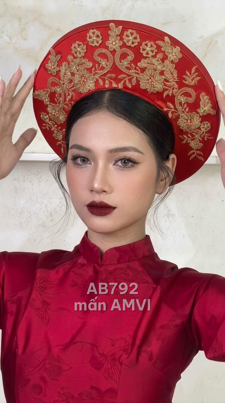 Mấn đội đầu đỏ thêu hoa lá chỉ vàng kim cổ điển, mã AB792