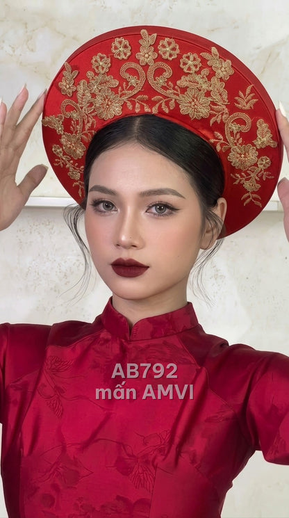 Mấn đội đầu đỏ thêu hoa lá chỉ vàng kim cổ điển, mã AB792