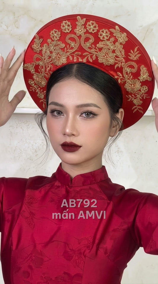 Mấn đội đầu đỏ thêu hoa lá chỉ vàng kim cổ điển, mã AB792