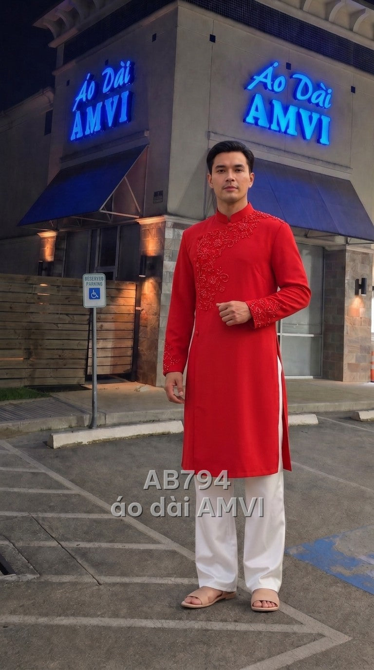 Áo dài cưới nam gấm đỏ cổ tàu thêu hoa 3D cưới, mã AB794