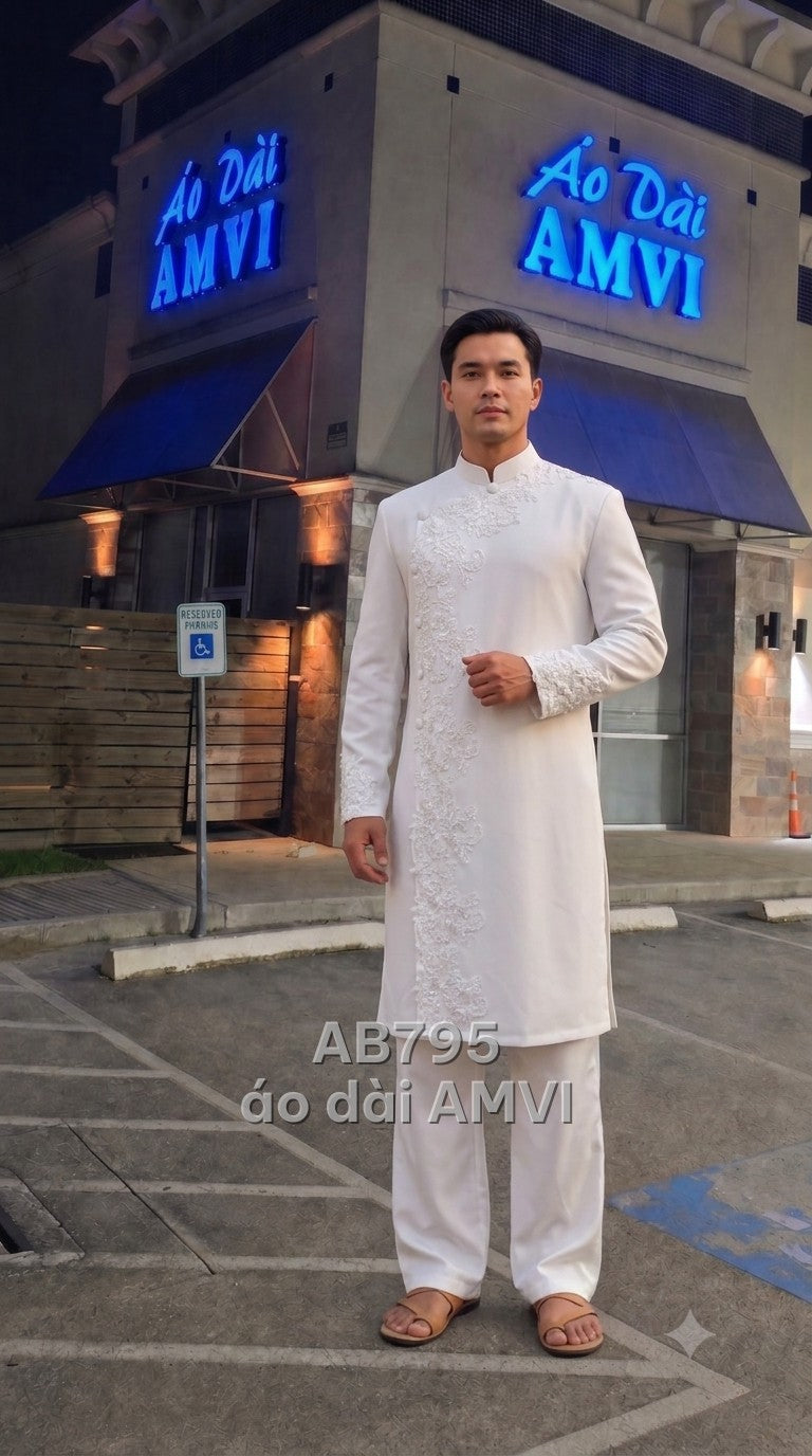 Áo dài cưới nam trắng thêu ren ngọc trai đắp tay dài đám cưới, mã AB795