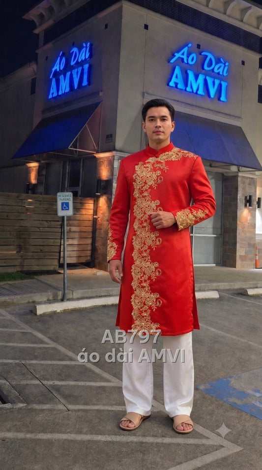 Áo dài cưới nam lụa đỏ thêu hoa văn kim tuyến dáng rộng cưới, mã AB797
