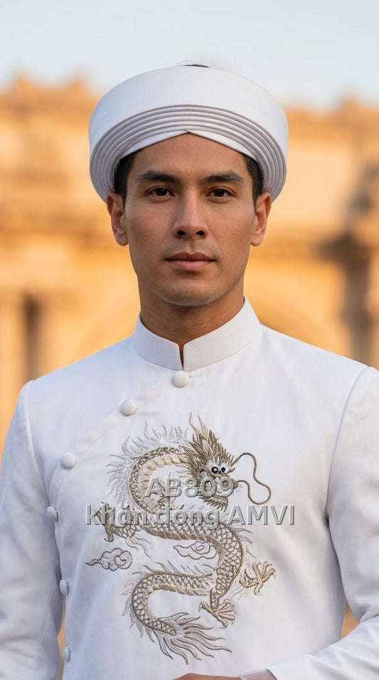 Áo dài khăn đóng vải gân trắng kem dáng tròn cứng cáp truyền thống, mã AB809