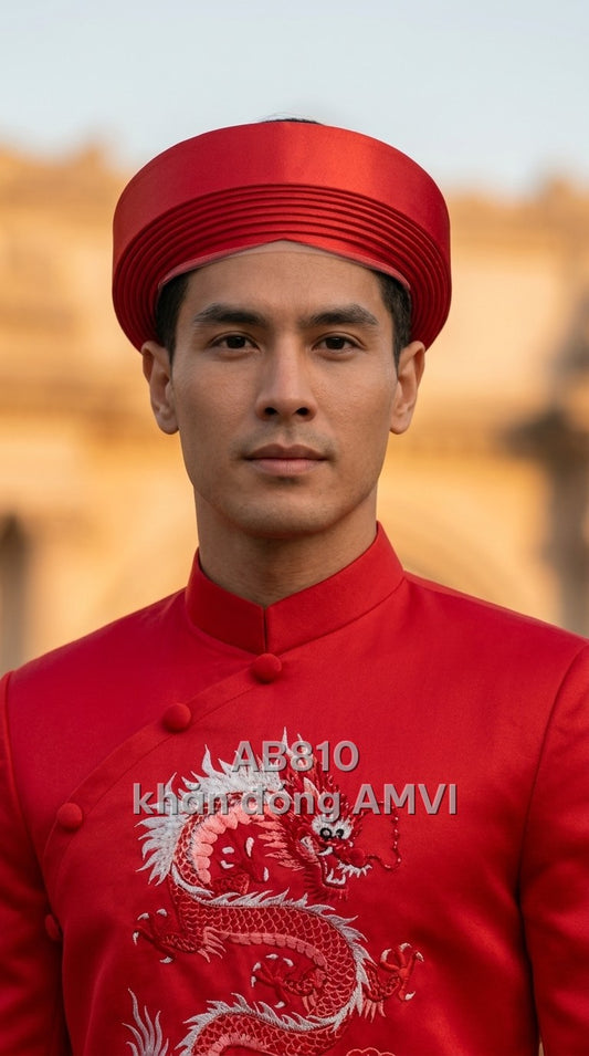 Áo dài khăn đóng đỏ trơn vành rộng trang trọng lễ hội truyền thống, mã AB810