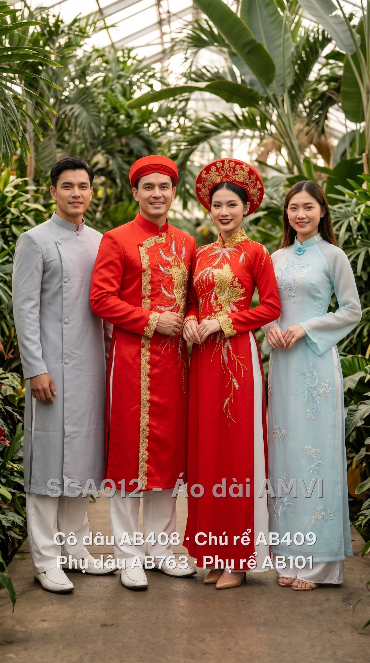 Trọn bộ áo dài cưới cô dâu, chú rể, phụ dâu, phụ rể — khăn đóng chú rể mã AB810