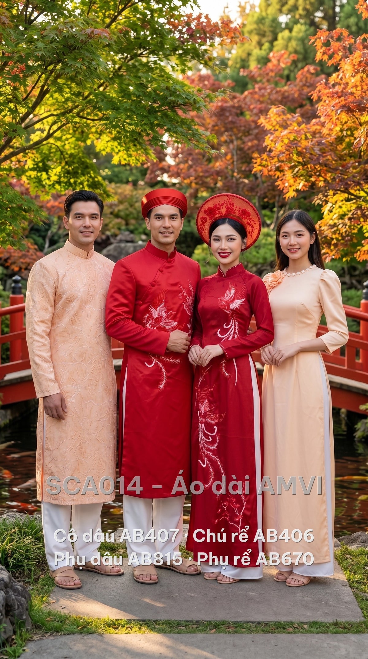 Trọn bộ áo dài cưới cô dâu, chú rể, phụ dâu, phụ rể — khăn đóng chú rể mã AB810