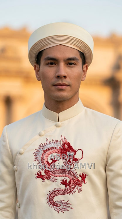 Áo dài khăn đóng khăn đống vành tròn cứng cáp màu kem sang trọng, mã AB811