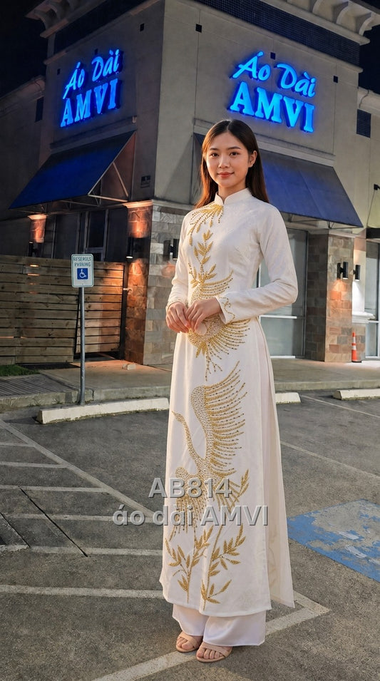 Áo dài cưới lụa trắng thêu hạc đính kết sang trọng dáng chích ben cưới, mã AB814