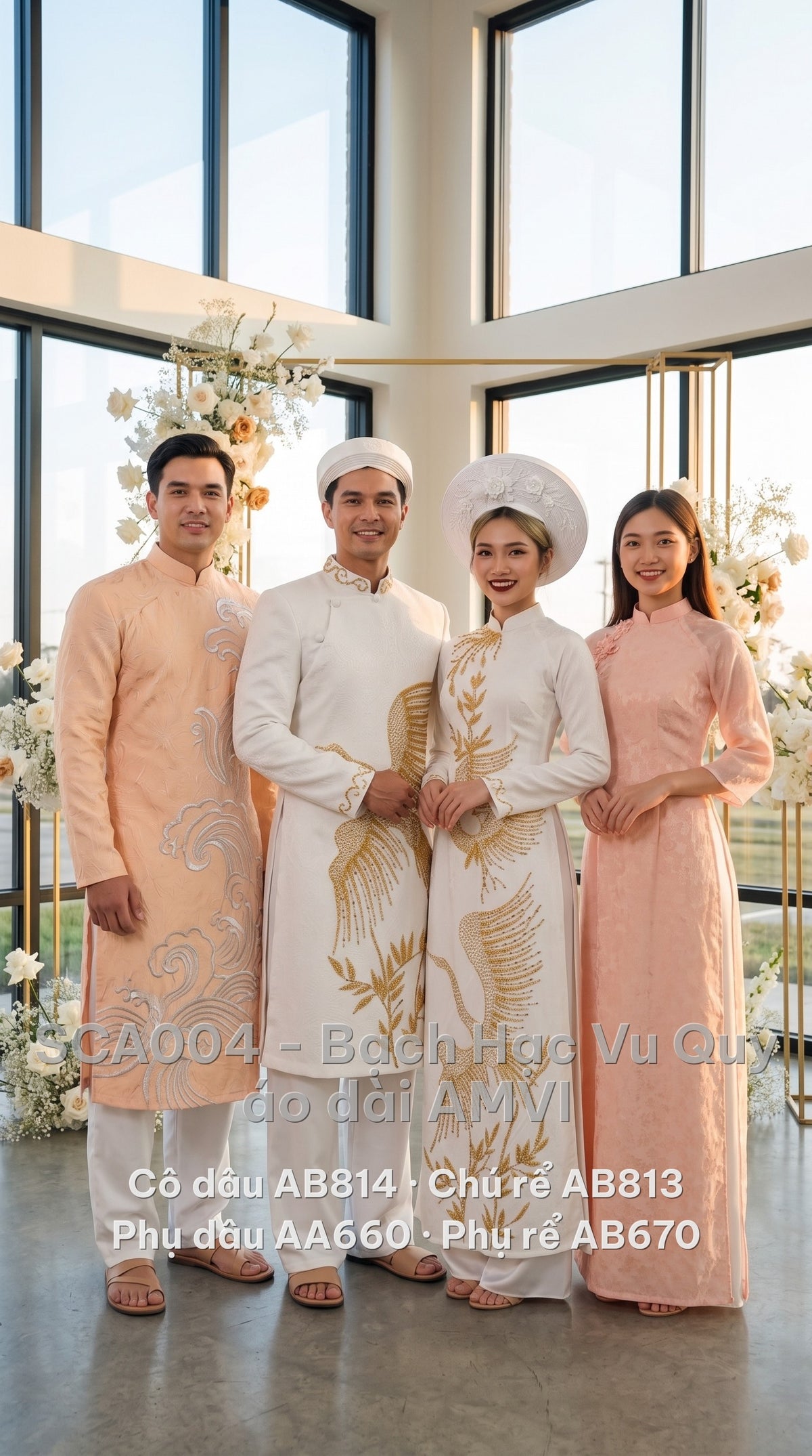 Trọn bộ áo dài cưới cô dâu, chú rể, phụ dâu, phụ rể — cô dâu mặc mã AB814