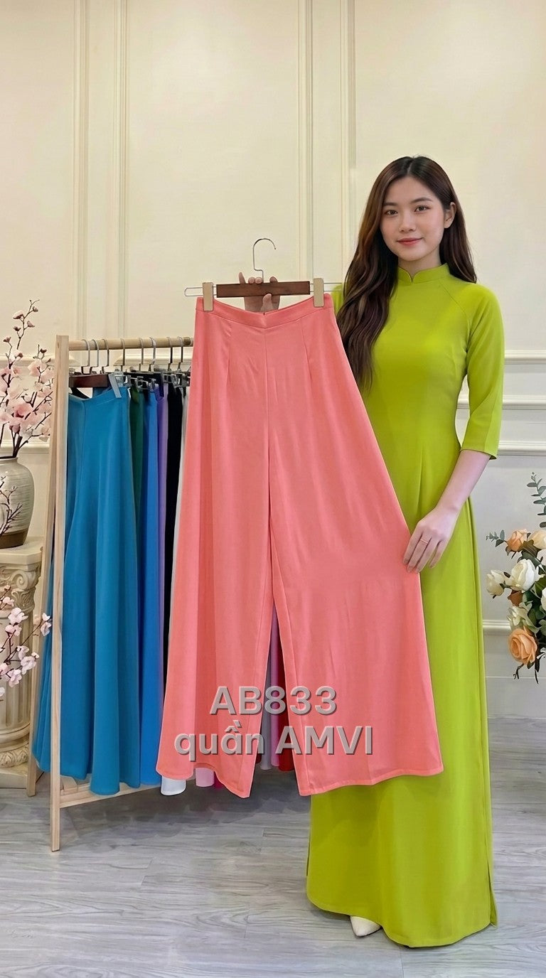 Quần lụa mặc với áo dài hồng pastel ống rộng cạp chun thoải mái, mã AB833