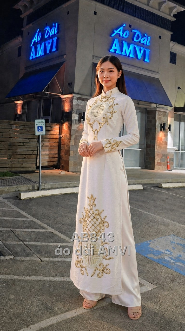 Áo dài cưới lụa dệt hoa văn chìm trắng đính kết cưới sang trọng, mã AB843