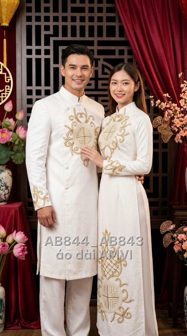 Áo dài cưới lụa dệt hoa văn chìm trắng đính kết cưới sang trọng, ảnh chụp cặp đôi, mã AB843