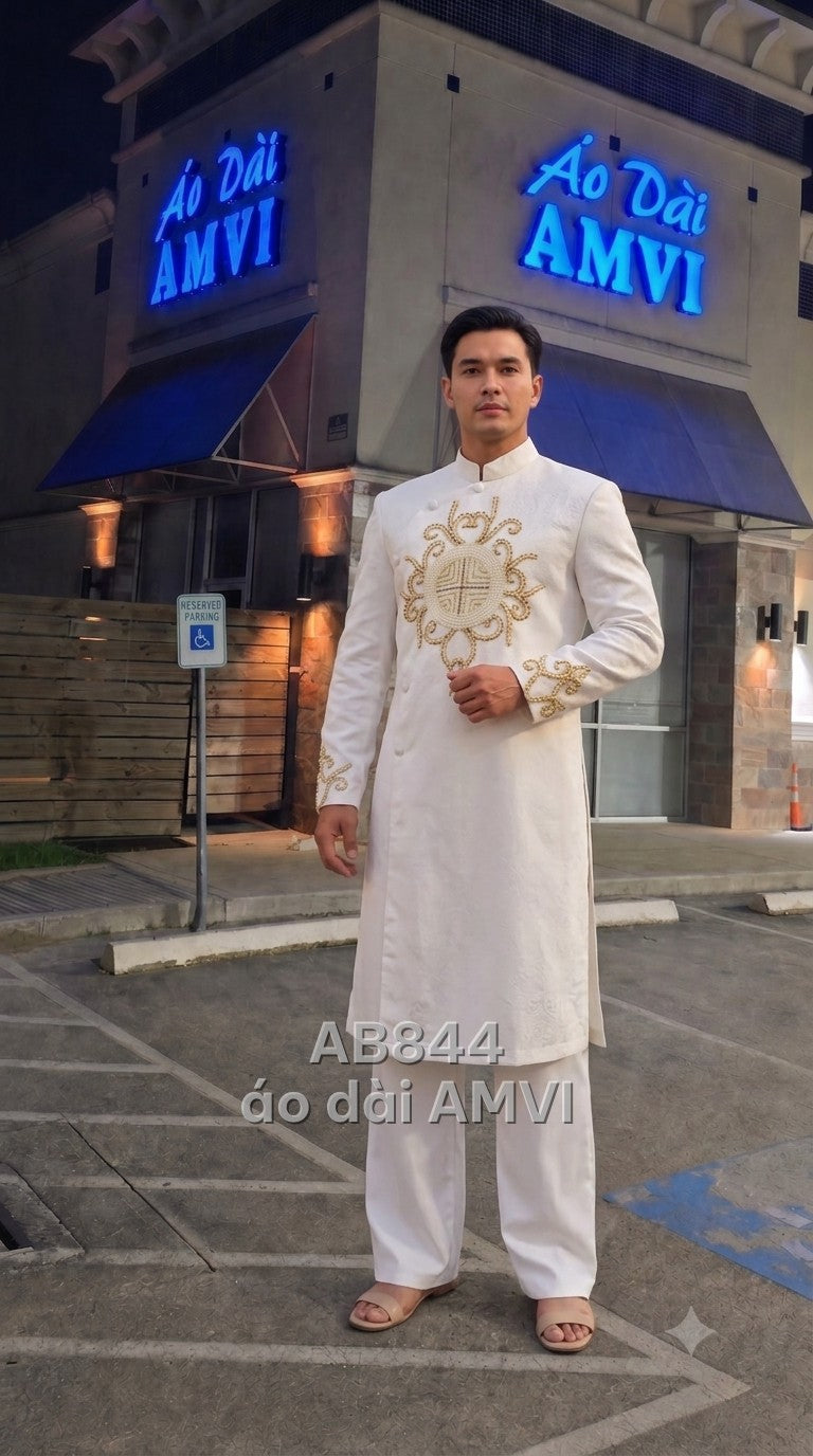 Áo dài cưới nam vải dập nổi kem đính kết cưới sang trọng, mã AB844
