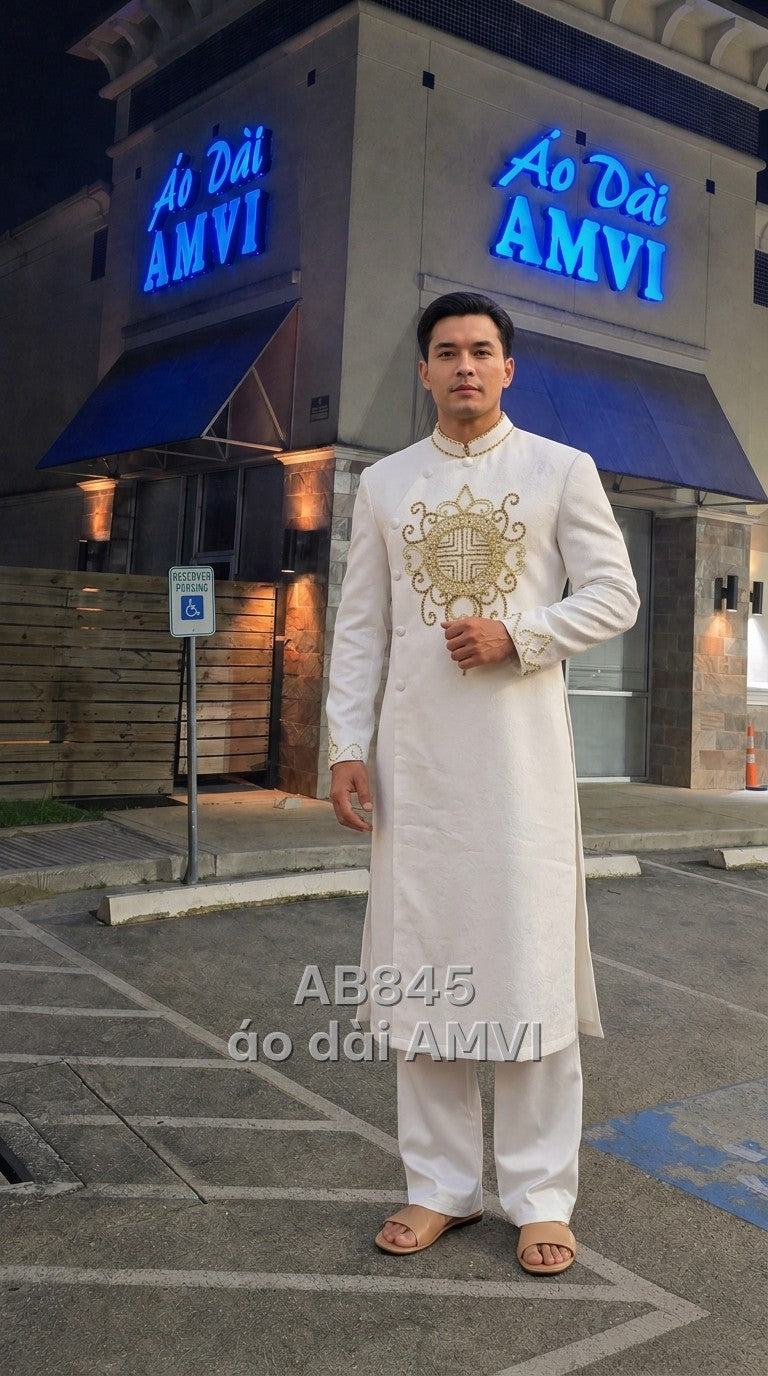 Áo dài cưới nam vải chìm kem đính kết hạt đồng sang trọng cưới hỏi, mã AB845