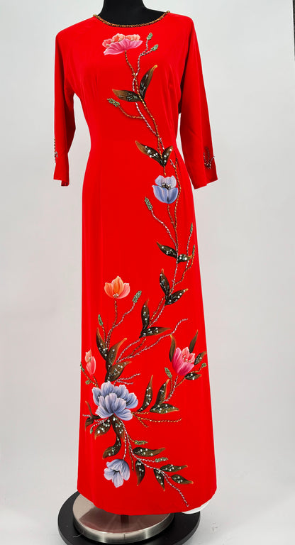 Top + Pants | Luxurious Hand-Painted Red Beaded Embroidery Ao Dai for Women | BA096