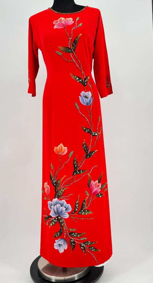 Top + Pants | Luxurious Hand-Painted Red Beaded Embroidery Ao Dai for Women | BA096